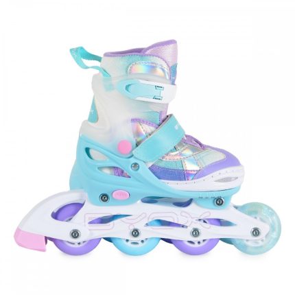 Youth inline skate in pastel purple, turquoise, and pink with a buckle strap and glittery accents, designed for kids.
