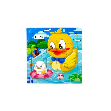 Puzzle depicting a cheerful yellow duck with a blue bow tie in a sunny water park scene, surrounded by palm trees and a white inflatable ring.