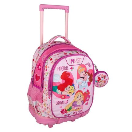 Pink rolling kids backpack with princess print and small matching round pouch; features extendable pink handle and wheels for travel.