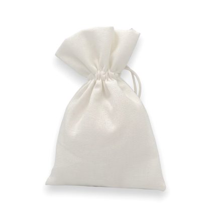 White drawstring fabric pouch with the top gathered and tied in a knot.