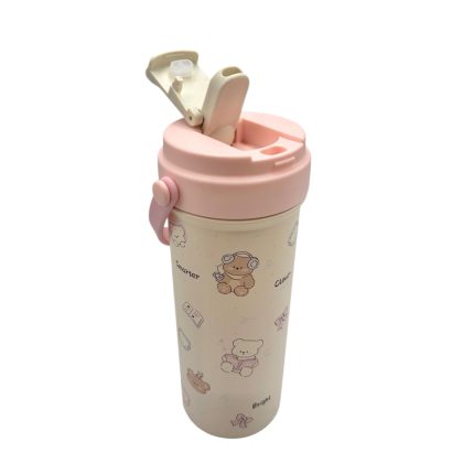 Pink and beige kids' sippy cup with cartoon bears and a pink flip-top lid (spout open).