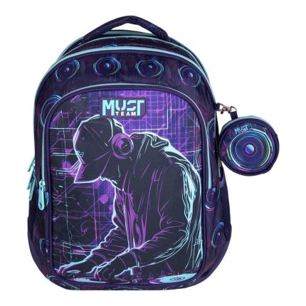Purple and blue backpack with an astronaut DJ graphic and a circular accessory; features neon accents and 'MUST TEAM' branding on the front pocket.