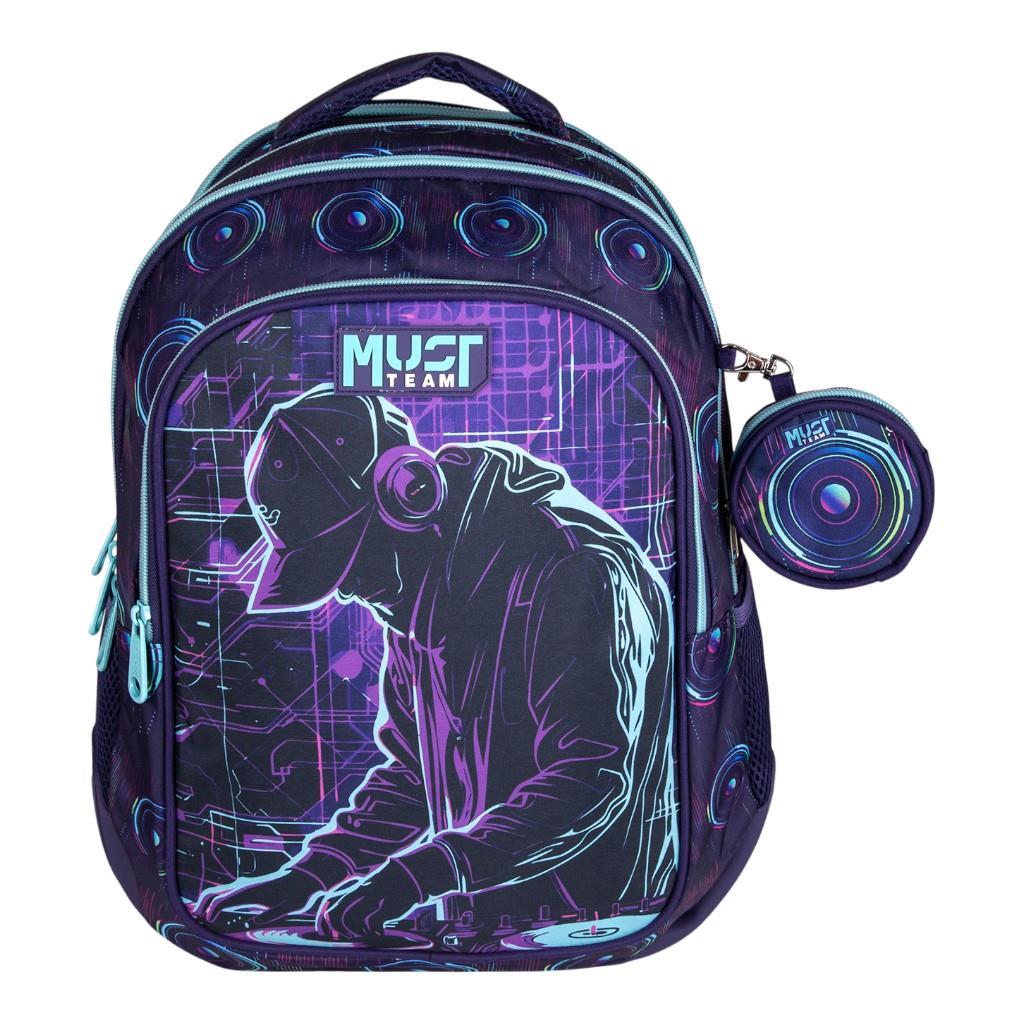 7a274eeb7bf14e6da7841550593057e1 | La Vie en Rose Purple and blue backpack with an astronaut DJ graphic and a circular accessory; features neon accents and 'MUST TEAM' branding on the front pocket.