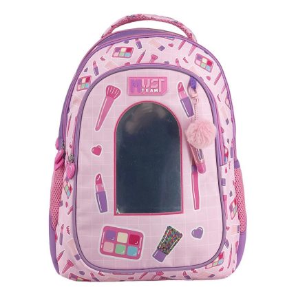 Pink and purple kids' backpack with makeup-collectible print, a front panel window, and a pink fluffy pom-pom charm on the zipper.