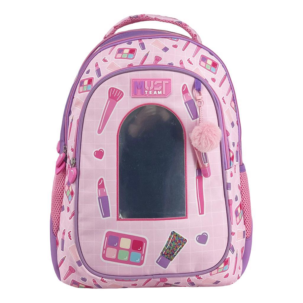7e0092b5bc7a4e58af9ebde7c0a17503 | La Vie en Rose Pink and purple kids' backpack with makeup-collectible print, a front panel window, and a pink fluffy pom-pom charm on the zipper.