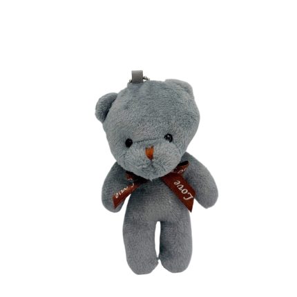 Gray plush teddy bear keychain with a brown 'Love' ribbon and a loop on top for attaching