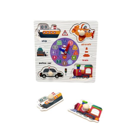 Wooden puzzle board with colorful vehicle cutouts (ship, airplane, police car, train) and a central clock dial; two detached pieces below.