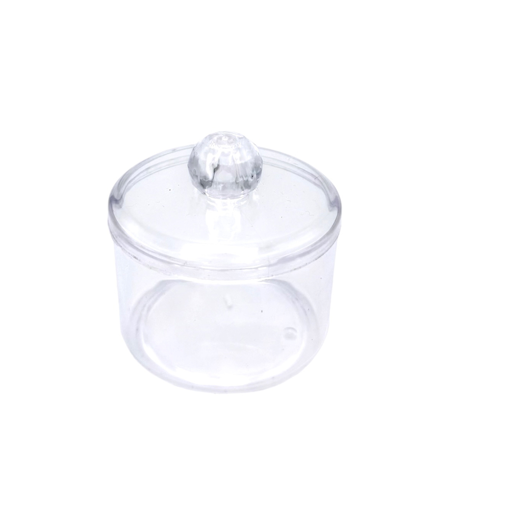 887F5D19-2009-79B6-58D0-019D67339644_11 | La Vie en Rose Small clear glass jar with a round lid and knob handle on top