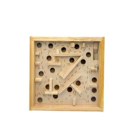 Square wooden puzzle box with numbered holes and interlocking wooden bars (a handheld brain-teaser).