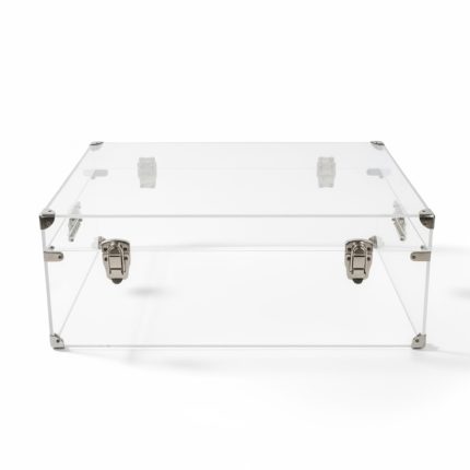 Transparent acrylic display case with metal corner brackets and latches, empty inside.