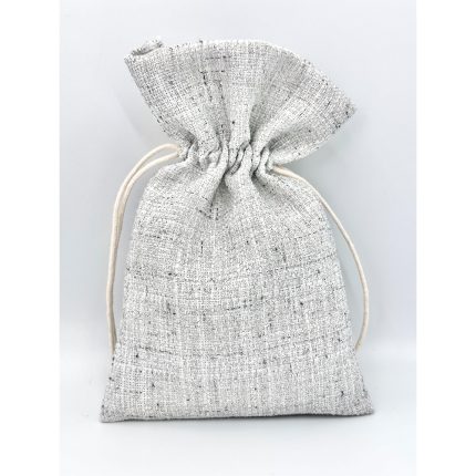 Gray linen drawstring pouch tied at the top with cream cords, standing upright on a light background.