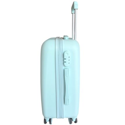 Pastel blue hard-shell carry-on suitcase with four wheels and a raised telescoping handle.