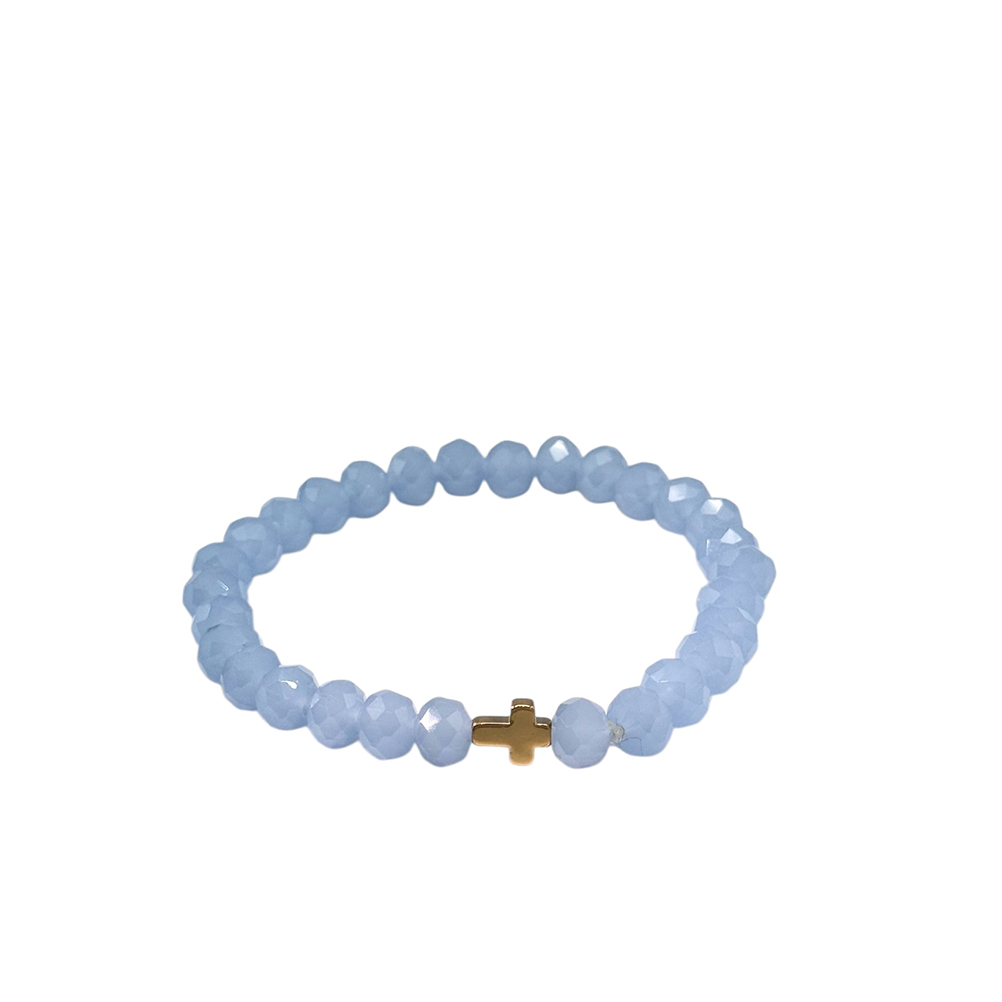 8C9E3D05-4EE7-41A0-8334-019D05FD3BD1_11 | La Vie en Rose Light blue faceted bead stretchy bracelet with a small gold cross charm.