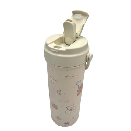 Sippy cup with a flip-top lid and straw, adorned with pastel bear and dessert illustrations on a pale background for kids.