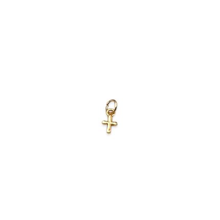 Gold small gold cross pendant with a loop, on a white background.