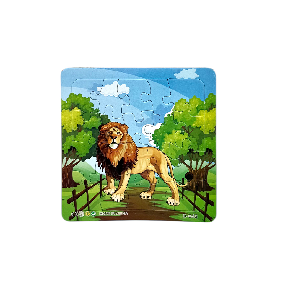 90F76281-42F5-2F40-C041-019D0B3238E6_11 | La Vie en Rose Cartoon lion standing on a wooden path in a green park, with trees and a blue sky; puzzle pieces are visible around him.