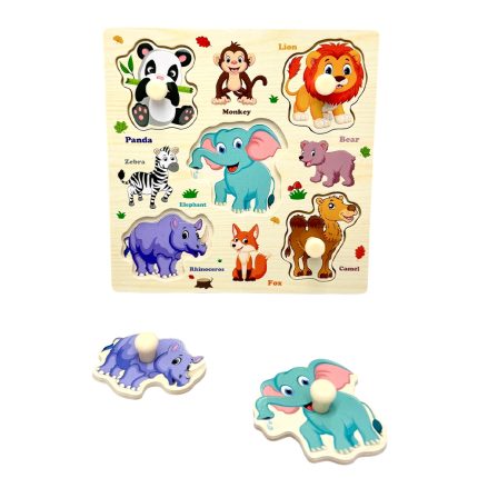 Wooden animal puzzle showing labeled animals (panda, monkey, lion, zebra, elephant, bear, rhinoceros, fox, camel) with two detachable blue animal pieces (rhinoceros and elephant).