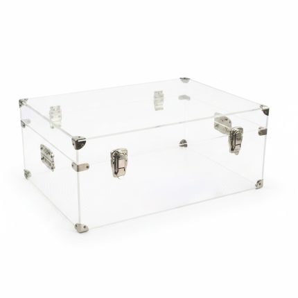 Transparent acrylic storage case with metal latches and corner reinforcements on a white background.