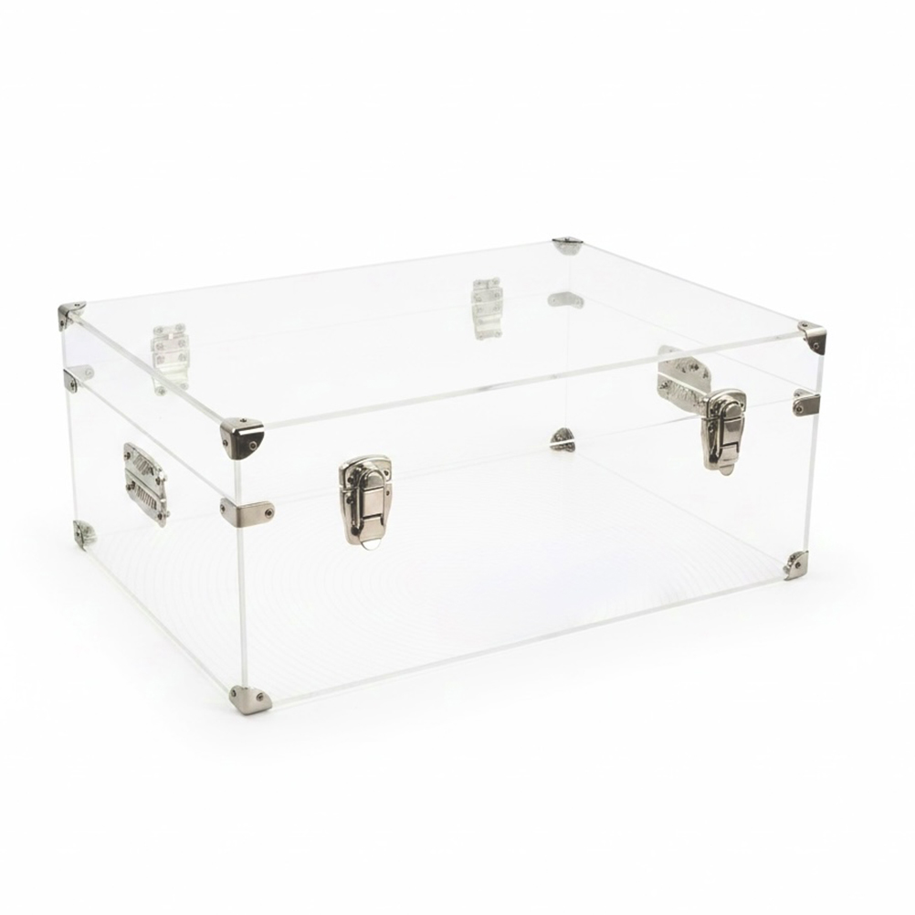 9949C081-75DA-C633-5FED-019DBF4BB881_21 | La Vie en Rose Transparent acrylic storage case with metal latches and corner reinforcements on a white background.