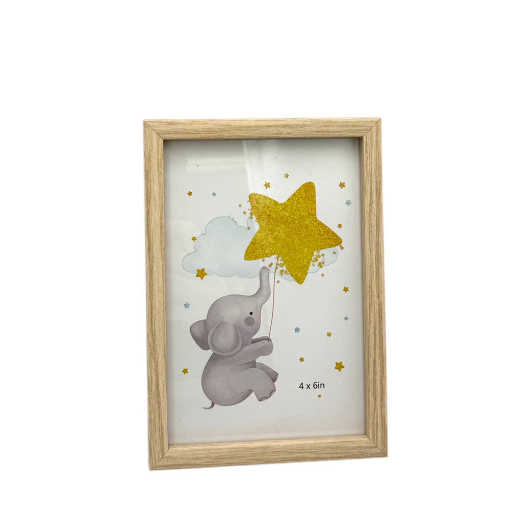 9B454A5D-BC8F-95D4-0B6E-019D006CC247_11 | La Vie en Rose Wood-framed print for a child's room showing a gray baby elephant reaching for a glittery yellow star balloon among small stars and clouds.
