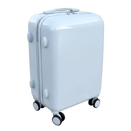 Light-blue hard-shell suitcase standing upright on four spinner wheels with a top handle