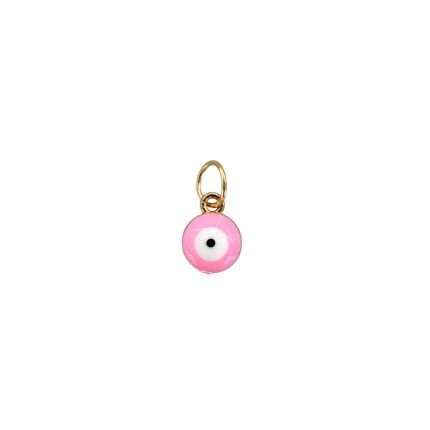 Pink circular eye charm with a white iris and black pupil on a gold loop pendant