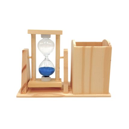 Wooden hourglass timer with blue sand, mounted between vertical supports on a light wood base.