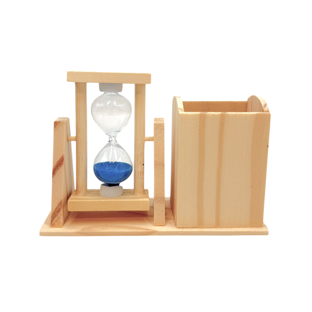 AB2E6BC6-1A4A-9DD4-1769-019DB9C9F30D_11 | La Vie en Rose Wooden hourglass timer with blue sand, mounted between vertical supports on a light wood base.