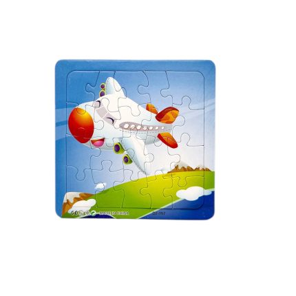 Colorful cartoon airplane puzzle piece showing a white and orange plane taking off over green hills and a blue sky.