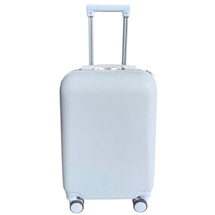 Light blue hard-shell suitcase with extended silver telescoping handle and four wheels standing upright on a white background.