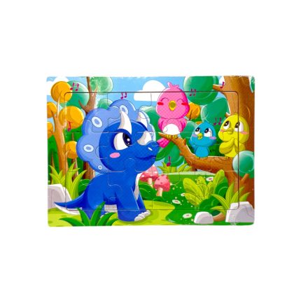 Colorful jungle puzzle featuring a blue baby dinosaur gazing at bright pink, yellow, and blue birds perched on a branch in a leafy scene.