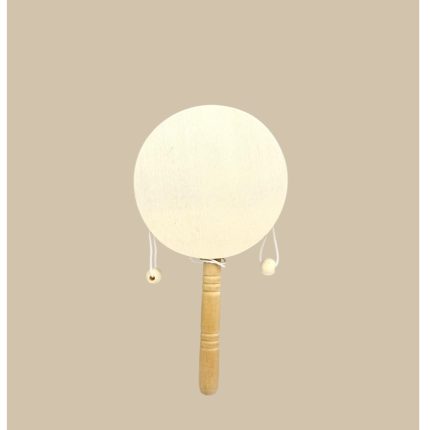 Small handheld drum with a round white drumhead, wooden handle, and beaded strings hanging from the edge.