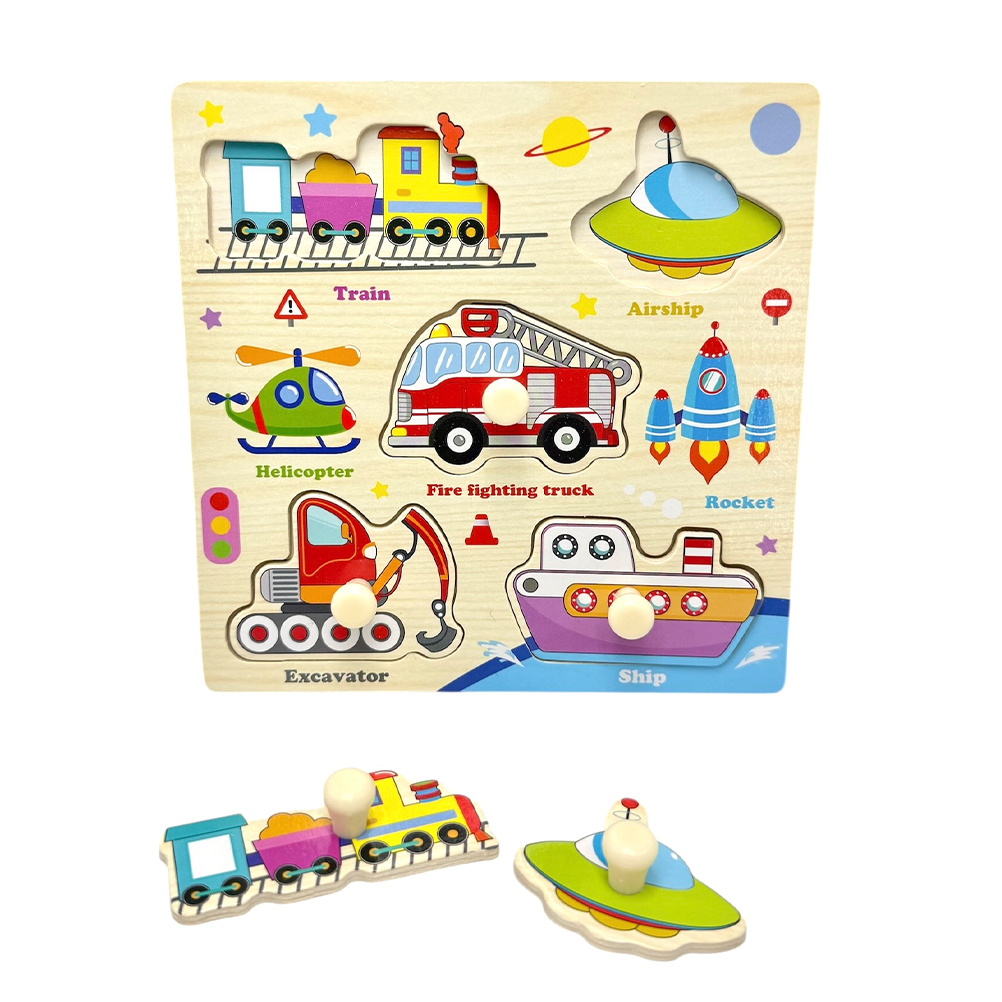 B301DC6A-7775-568F-00D5-019D0B55D595_11 | La Vie en Rose Wooden children's puzzle depicting labeled vehicles: train, helicopter, fire truck, excavator, ship, rocket, and UFO with removable pieces on a beige board.