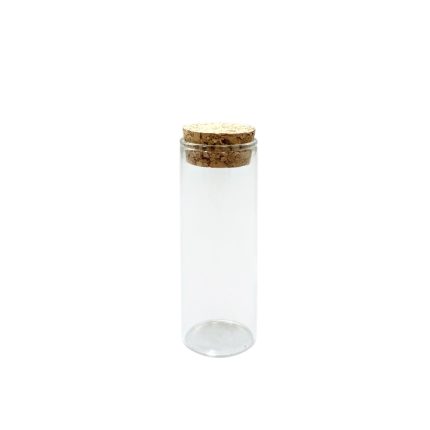 Clear glass vial with a cork stopper, empty and standing upright on a white background