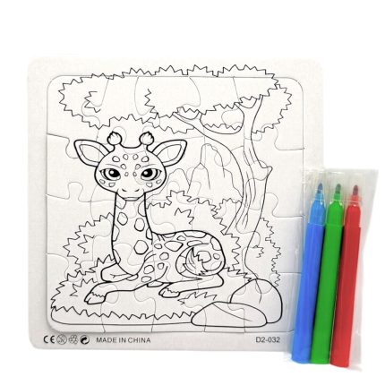 Puzzle page showing a cute giraffe in a jungle scene, designed to be colored, with four markers included on the side.