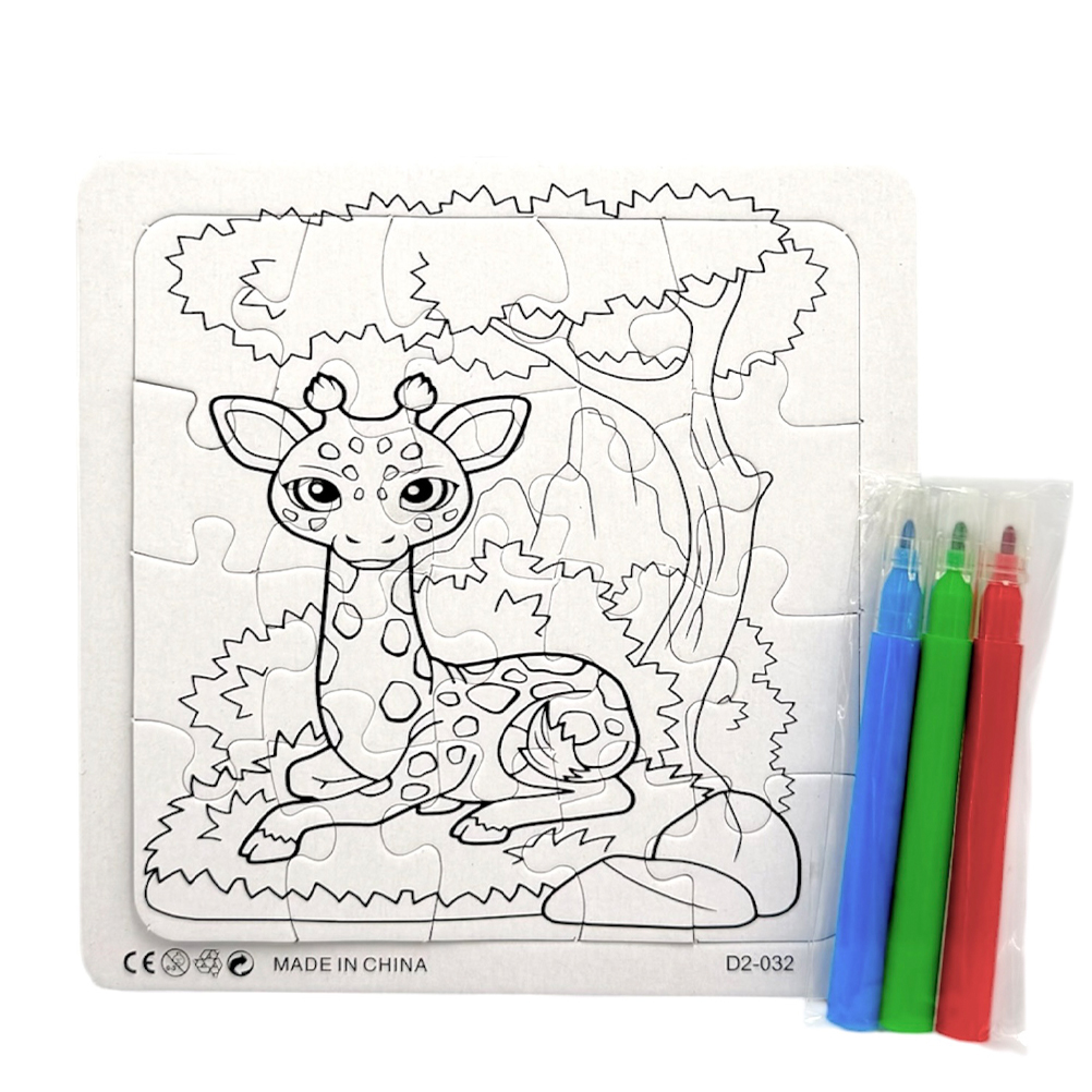 B7387CE0-1B4F-E378-F9BF-019D52DB98CC_11 | La Vie en Rose Puzzle page showing a cute giraffe in a jungle scene, designed to be colored, with four markers included on the side.