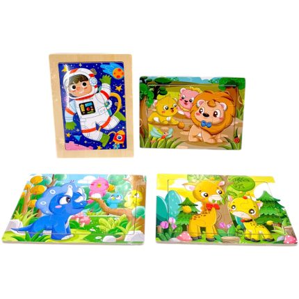 Four colorful children's wooden puzzles with cartoon characters (astronaut, lions, dinosaur, giraffes) laid out on a white background.