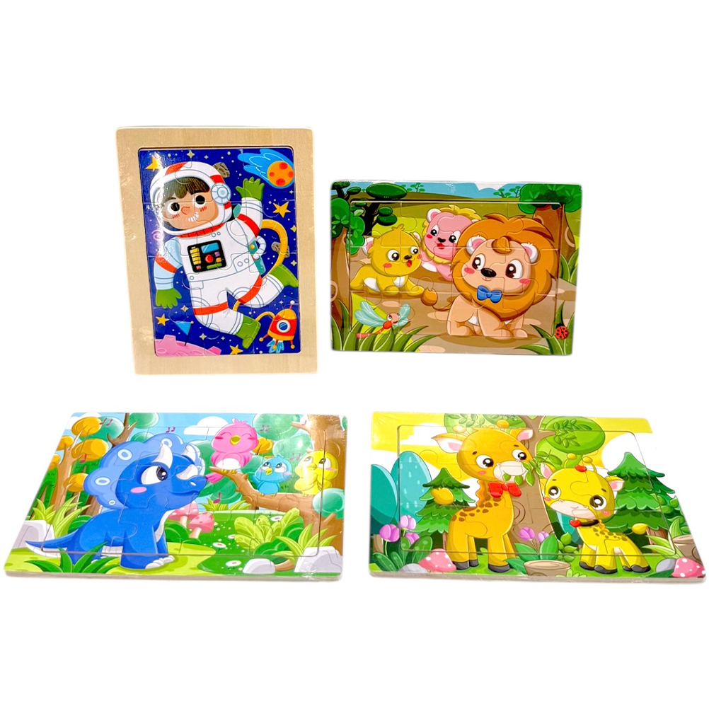 BB566100-BFB4-323A-A60B-019D90D74DB2_21 | La Vie en Rose Four colorful children's wooden puzzles with cartoon characters (astronaut, lions, dinosaur, giraffes) laid out on a white background.
