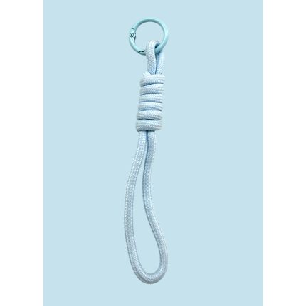 Light blue rope loop with a metal circular ring at the top, tied in a decorative knot by the cords' wrap.