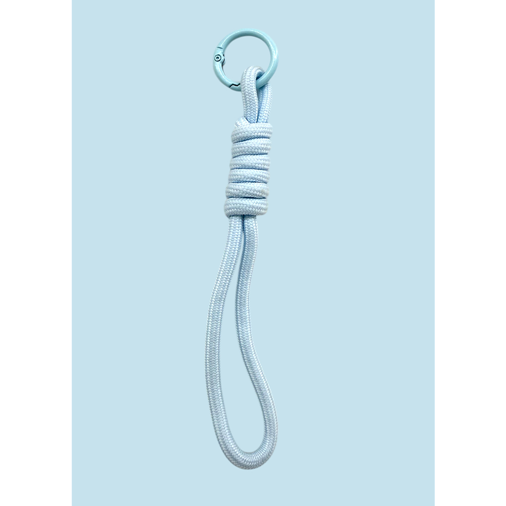 BE944808-23A4-19A1-2917-019D29DD3985_11 | La Vie en Rose Light blue rope loop with a metal circular ring at the top, tied in a decorative knot by the cords' wrap.