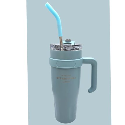 Pastel blue reusable tumbler with a curved straw and clear lid, set against a pale blue background.