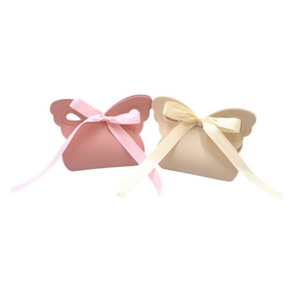 Two small pastel gift pouches with butterfly-wing shapes, each tied with a ribbon (pink on the left, cream on the right).