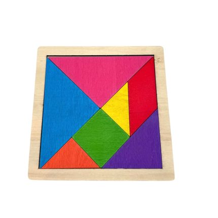 Wooden square puzzle with bright multicolor geometric pieces inside a light wood frame.