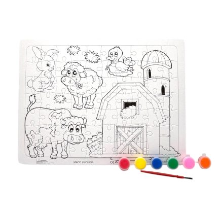 Coloring puzzle of farm scene with a barn, cow, sheep, rabbit, duck, and chick, plus a paint set and brush nearby.