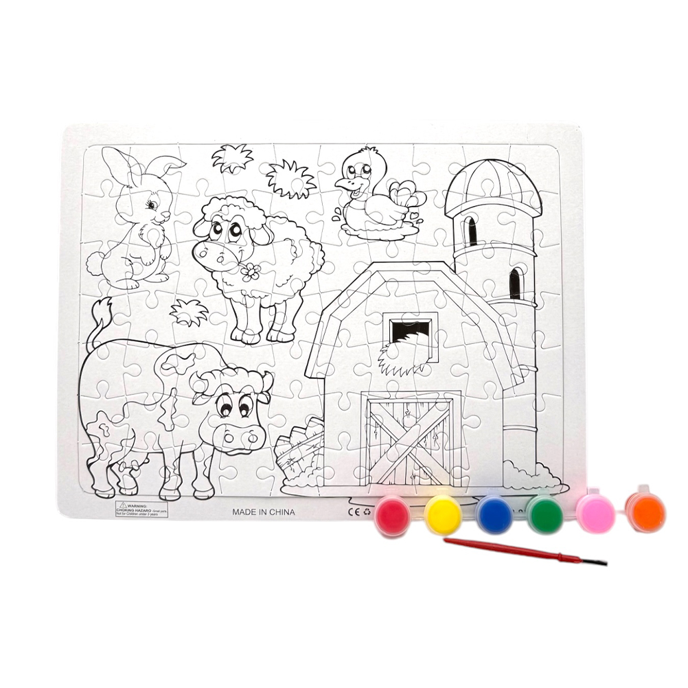 CDBB2DD2-CFBC-B422-6360-019D90B2FC9A_11 | La Vie en Rose Coloring puzzle of farm scene with a barn, cow, sheep, rabbit, duck, and chick, plus a paint set and brush nearby.