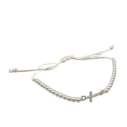 Silver beaded bracelet with a small cross charm and adjustable knot closure.