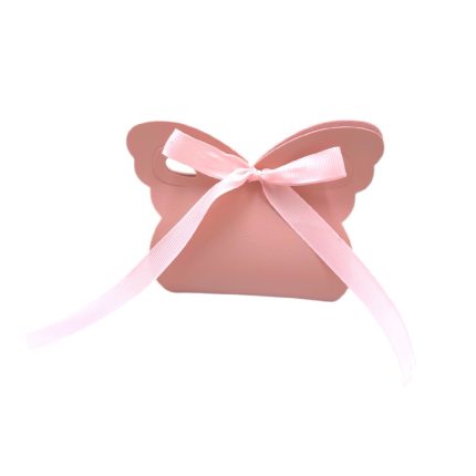 Pink butterfly-shaped gift box with a pale pink ribbon bow on a white background