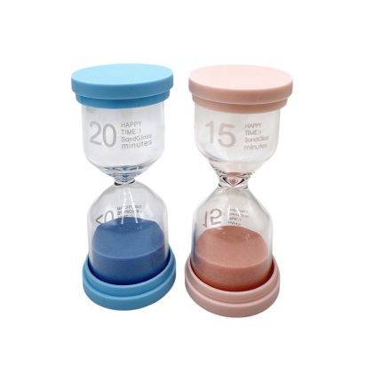 Two glass hourglasses with pastel blue and pink caps side by side, showing 20-minute and 15-minute timers respectively in light text on the glass.