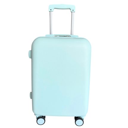 Light blue hard-shell carry-on suitcase with four wheels and an extended telescoping handle.
