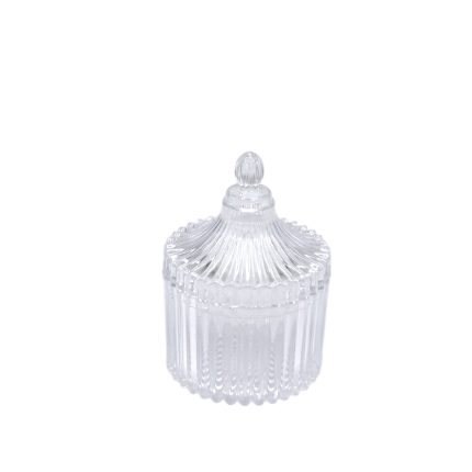 Clear cut-glass sugar jar with a ribbed body and a domed lid with a knob